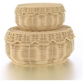 Wicker Storage Basket with lid Hand Woven Rattan Basket Small Scalloped Basket Set of 2 Woven Baskets for Storage Nursery, Baby, Clothes, Toys, Diapers
