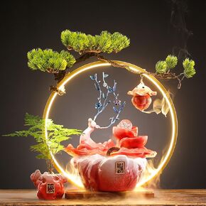 Deer Tabletop Water Fountain,Mist LED Light Home Decor Includes Backflow Incense,Japanese Water Fountains for Meditation,Indoor Zen Decor for Office,Living Room,or Bedroom