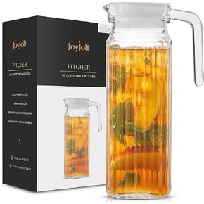 JoyJolt 60oz Glass Pitcher with Lid (2 Lids) - Beverage Serveware and Storage Container for Hot Liquids or Cold Drinks. Fridge Pitcher, Juice Container, Water Jug, Iced Tea Pitcher or Milk Pitcher