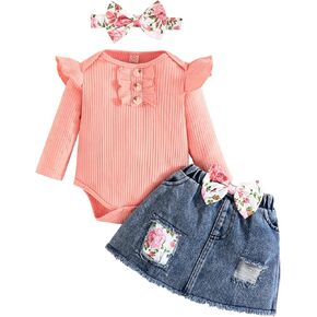Newborn Baby Girl Clothes Infant Outfits Ruffle Romper + Denim Skirt + Headband Girls' Clothing Sets