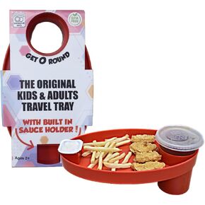 Kids Travel Tray, Toddler Travel Tray, Car Snack Tray with Sauce Holder. Travel Tray for Car Seat, Travel Essentials, Universal Fit Cup Holder (Red)