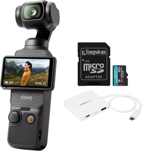 DJI Osmo Pocket 3 مع بطاقة MicroSD سعة 64 جيجابايت وحزمة محور USB-C ذات 3 منافذ - كاميرا محمولة بحجم الجيب مع CMOS 1 بوصة و4K/120 إطارًا في الثانية، وشاشة قابلة للدوران 2 بوصة وتصوير أفقي عمودي ذكي (3 عناصر) in Saudi Arabia