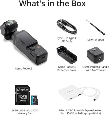 DJI Osmo Pocket 3 مع بطاقة MicroSD سعة 64 جيجابايت وحزمة محور USB-C ذات 3 منافذ - كاميرا محمولة بحجم الجيب مع CMOS 1 بوصة و4K/120 إطارًا في الثانية، وشاشة قابلة للدوران 2 بوصة وتصوير أفقي عمودي ذكي (3 عناصر) in Saudi Arabia