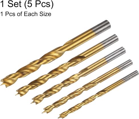 HARFINGTON Brad Point Drill Bit Set 4/5/6/8/10mm Dia Straight Round Shank Drill Metric Brad Point Spiral Twist Drill Bits for Carpenter Woodworking Plastic Rubber, Golden 5in1 Set in Saudi Arabia