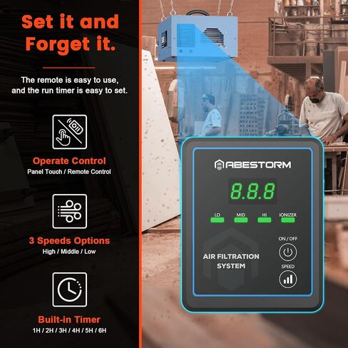 Abestorm Air Filtration System Woodworking with 3-Speed Adjustments, Remote-Controlled and Built-in Ionizer Function, Industrial Hanging Air Filter for Woodworking, Garage, Workshop, DecDust 500IG in Saudi Arabia