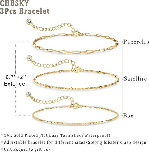 أساور تشيسكي للنساء، سوار أنيق مطلي بالذهب عيار 14 قيراط، مجموعة أساور زركونيا عصرية مقاومة للماء وقابلة للتكديس، أساور سلسلة مطرزة بالأقمار الصناعية الذهبية، مجوهرات نسائية لطيفة قابلة للتعديل in Kuwait