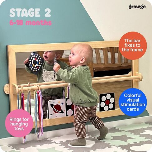 Montessori Mirror Baby Wall, Baby Pull Up Bar, Montessori 3-in-1 Shatterproof Mirror, Wooden Pull Up Bar, Toddler Pull Up Bar, Montessori Baby Furniture, Balancing Nature and Development in Kuwait
