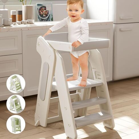 Toddler Tower Kitchen Stool Helper,Foldable/Adjustable Height Kids StandingTower Stool W/CPC Certification,for Kitchen Counter Bathroom Sink Cooking Child Ladder for Toddlers W/Safty Rail(Grey White) in Saudi Arabia