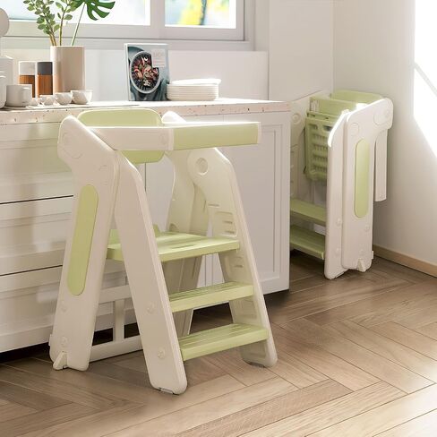 Toddler Tower Kitchen Stool Helper,Foldable/Adjustable Height Kids StandingTower Stool W/CPC Certification,for Kitchen Counter Bathroom Sink Cooking Child Ladder for Toddlers W/Safty Rail(Grey White) in Saudi Arabia