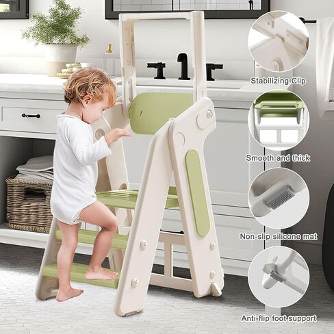 Toddler Tower Kitchen Stool Helper,Foldable/Adjustable Height Kids StandingTower Stool W/CPC Certification,for Kitchen Counter Bathroom Sink Cooking Child Ladder for Toddlers W/Safty Rail(Grey White) in Saudi Arabia