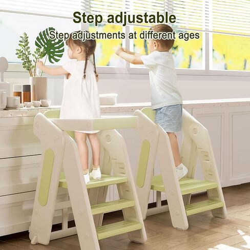 Toddler Tower Kitchen Stool Helper,Foldable/Adjustable Height Kids StandingTower Stool W/CPC Certification,for Kitchen Counter Bathroom Sink Cooking Child Ladder for Toddlers W/Safty Rail(Grey White) in Saudi Arabia