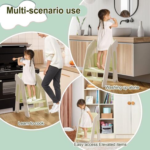 Toddler Tower Kitchen Stool Helper,Foldable/Adjustable Height Kids StandingTower Stool W/CPC Certification,for Kitchen Counter Bathroom Sink Cooking Child Ladder for Toddlers W/Safty Rail(Grey White) in Saudi Arabia