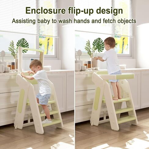 Toddler Tower Kitchen Stool Helper,Foldable/Adjustable Height Kids StandingTower Stool W/CPC Certification,for Kitchen Counter Bathroom Sink Cooking Child Ladder for Toddlers W/Safty Rail(Grey White) in Saudi Arabia