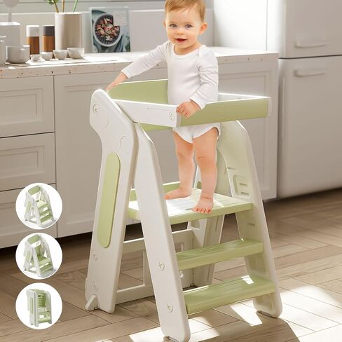 Toddler Tower Kitchen Stool Helper,Foldable/Adjustable Height Kids StandingTower Stool W/CPC Certification,for Kitchen Counter Bathroom Sink Cooking Child Ladder for Toddlers W/Safty Rail(Grey White) in Saudi Arabia