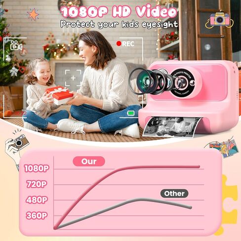 Kids Camera Instant Print, Christmas Birthday Gifts for Girls and Boys, Kids Camera 1080P HD Video Digital Camera, Toddler Toy for 3-12 Years Old, Black in Kuwait
