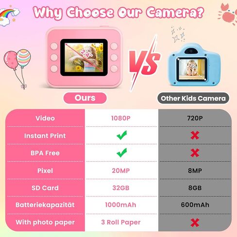 Kids Camera Instant Print, Christmas Birthday Gifts for Girls and Boys, Kids Camera 1080P HD Video Digital Camera, Toddler Toy for 3-12 Years Old, Black in Kuwait