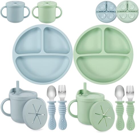 PandaEar Silicone Baby Feeding Set| 2 Pack Silicone Divided Suction Plate and 2 Pack Tiny Cup with 2 Spoons 2 Forks| Baby Led Weaning Supplies Self Feeding Eating Utensils (Light Blue/Light Green) in Saudi Arabia