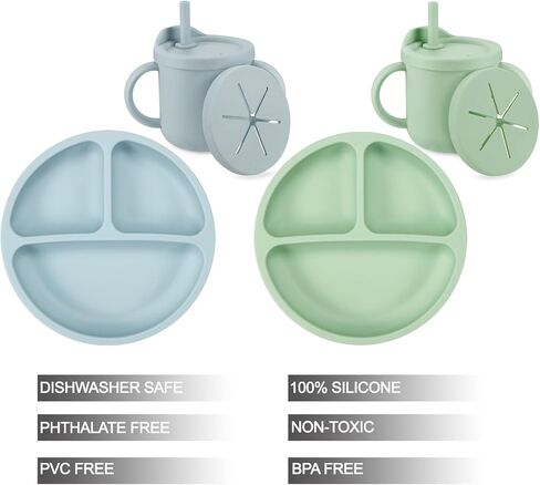PandaEar Silicone Baby Feeding Set| 2 Pack Silicone Divided Suction Plate and 2 Pack Tiny Cup with 2 Spoons 2 Forks| Baby Led Weaning Supplies Self Feeding Eating Utensils (Light Blue/Light Green) in Saudi Arabia