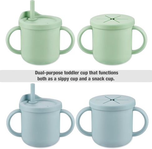 PandaEar Silicone Baby Feeding Set| 2 Pack Silicone Divided Suction Plate and 2 Pack Tiny Cup with 2 Spoons 2 Forks| Baby Led Weaning Supplies Self Feeding Eating Utensils (Light Blue/Light Green) in Saudi Arabia