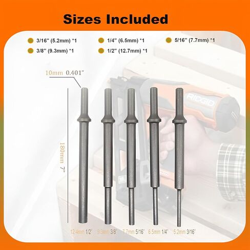 مجموعة انجراف مطرقة هوائية قياسية طويلة جدًا 7 بوصة (177 مم) 401، لقم ثقب 3/16 بوصة إلى 1/2 بوصة متوافقة مع ATD-5736 لإزالة البراغي المتآكلة أو الدبابيس الطويلة (5 قطع) in Kuwait