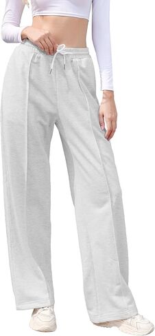 بنطال رياضي بأرجل واسعة للنساء برباط وخصر مطاطي للركض مع جيوب in Kuwait