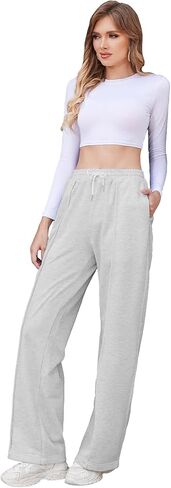 بنطال رياضي بأرجل واسعة للنساء برباط وخصر مطاطي للركض مع جيوب in Kuwait