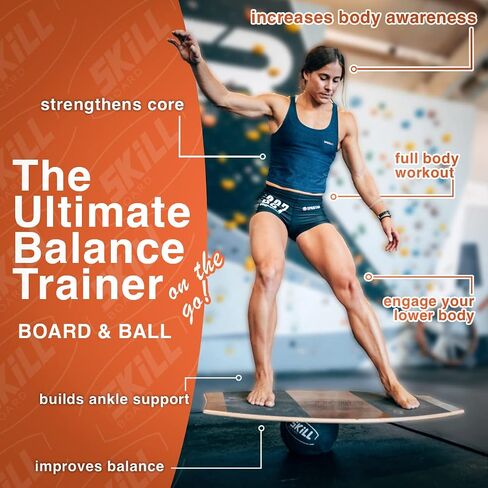 The Skill Board Beginner to Pro - حزمة لوح التوازن الخشبي للبالغين - متضمنة. مدرب التوازن لجميع الرياضات، أو صالة الألعاب الرياضية، أو مكتب الوقوف، أو ألعاب الفناء، وكرتين للياقة البدنية، ومضخة كرات والمزيد in Kuwait