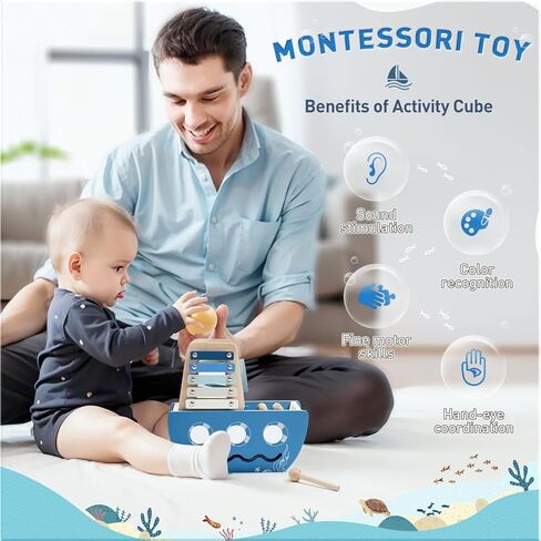 ibwaae Wooden Activity Cube Montessori Ball Drop Toys Developmental Toys for Infant Toys,Toddler Educational Learning Toy Gifts,5-in-1 Wooden Play Kit Wooden Toys for Babies in Kuwait