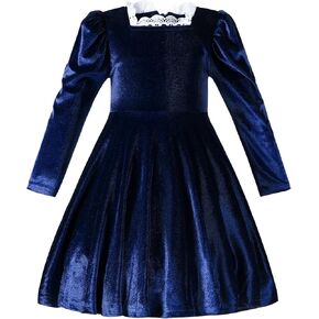 U·nikaka Toddler Girl Christmas Dress Baby Girl Dress Velvet Dress Square Neck Lace Trim Girl Long Sleeve Dress Toddler Dress