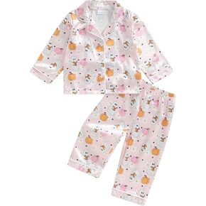Kids Baby Girl Pajamas Set Silk Floral Pumpkin Print Button Down Shirt Tops Pants Toddler Sleepwear Pjs Loungewear