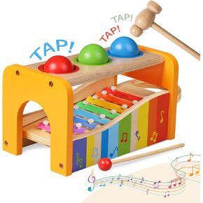 Baby Xylophone & Hammer Bench Wooden Toy Set - Kid's Educational Pounding Activity with Slide-Out Musical Instrument - Ideal Gift for Babies, hammer toys for toddlers 1-3 - xylophone for toddlers 1-3