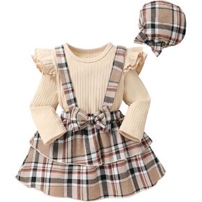 Infant Baby Girl Fall Outfit Ruffle Sleeve Romper Plaid Suspender Skirt Sets Layered Dress with Hat