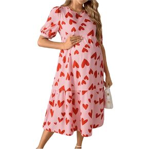 MakeMeChic Women's Maternity Midi Dress Heart Print Short Sleeve Ruffle Tiered A Line Pregnancy Dresses