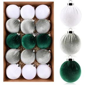 Christmas Tree Ornaments Velvet Balls - Pack of 15pcs Shatterproof Xmas Bulbs Decorations Set - Multicolor Green Brown Neutral, 80mm 3.15 inch