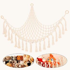 Boho Stuffed Animal Storage Net or hammock Extra Large for Small or large Plushies，Handmade Hanging Net Toy Organizer for Nursery Kids Room Wall Deco.(Lvory)