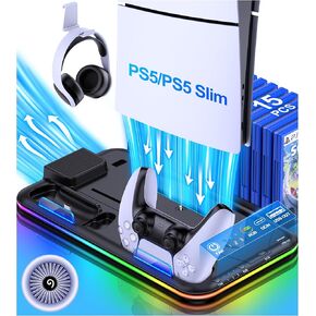 PS5/PS5 Slim Stand with Cooling Station and Controller Charging Station for Playsation 5 Digital/Disc, PS5 Accessory Kit Incl. 3 Levels Cooling Fan, RGB, 15 Game Slot, Headset Holder for PS5 White