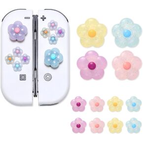 PERFECTSIGHT Glitter Flower D-Pad Button Caps Silicone Thumb Grips Set, Cute ABXY Key Buttons Sticker Joystick Cover Caps Compatible with Nintendo Switch/Switch OLED