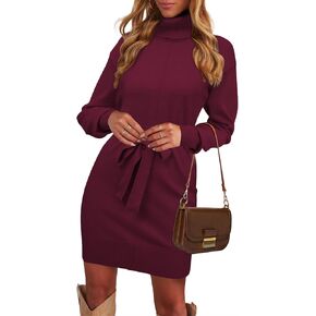 Womens Turtleneck Sweater Dress Long Sleeve Casual Fit Knit Pullover Sweater Short Dresses with Belt 2024 Fall Winter