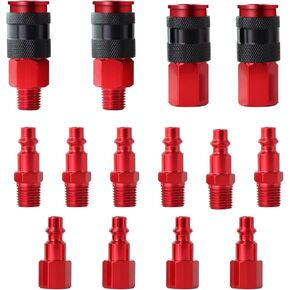 16 piece Air Hose Fittings Set Kit - 4 Universal Air Couplers & 12 I/M Industrial Type Plugs, 1/4" NPT Male & Female Threads - Attach to Compressor, Pneumatic Air Tools, Spray Guns
