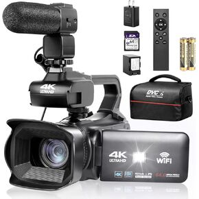 New Upgrade 4K UHD Video Camera Camcorder with Mic,Auto-Focus Vlogging Camera for YouTube 18X Digital Zoom IR Night Vision Video Recorder with 4" Rotating Touch Screen,Stabilizer(64GB SD Card)