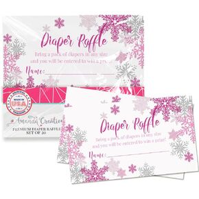 Pink and Silver Snowflake Diaper Raffle Tickets for Girl Baby Showers, 20 2" X 3" Double Sided Insert Cards for Games by AmandaCreation, Bring a Pack of Diapers to Win Favors & Prizes!