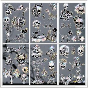 Kreatwow Halloween Gothic Window Decoration 6pcs Halloween Skull Window Stickers Gothic Halloween Window Clings Decorations Laser Skull Halloween Window Clings Wall Sticker for Halloween Haunted Party