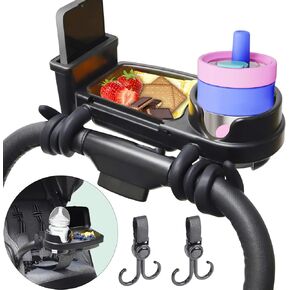 Universal Stroller Snack Tray with Cup Holder and Detachable Phone Clip丨Stroller Accessories with Silicone Flexible Arms Grip丨Dishwasher Safe丨Quick Attachment
