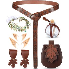 8 Pcs Women Renaissance Accessories Medieval Viking Belt Leaf Belt Bag Fairy Headband Elf Ears Potion Bottles Leather Belt Skirt Hikes