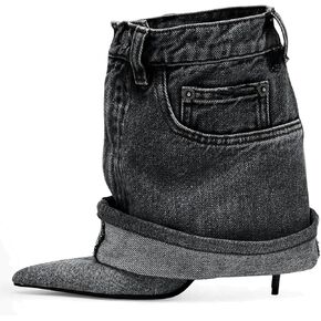 Longxuanwen Vintage Denim Ankle Short Stiletto Heels Boots for Women,Women's Jeans with Metal Buckle Pocket Style Pointed Toe Booties Retro Fashionable Ruched Cowboy Casual Kitten High Heel Boots