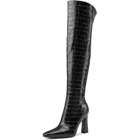 DearOnly Womens Pointed Toe Thigh High Boots Chunky Block Heel Over The Knee High Boots Zipper Sexy Fashion High Heel Long Boots 3.9 Inches Heels