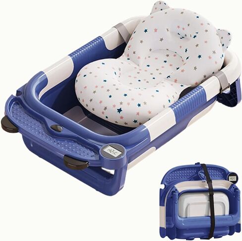 Collapsible Baby Bathtub for Newborn,Foldable Baby Tubs with Soft Cushion & Thermometer for Infants to Toddler 0-24 Months,Portable Travel Bathtub with Drain Hole (Blue) in Saudi Arabia