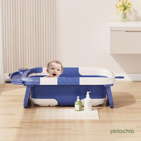 Collapsible Baby Bathtub for Newborn,Foldable Baby Tubs with Soft Cushion & Thermometer for Infants to Toddler 0-24 Months,Portable Travel Bathtub with Drain Hole (Blue) in Saudi Arabia