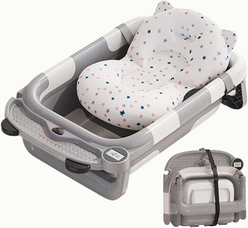 Collapsible Baby Bathtub for Newborn,Foldable Baby Tubs with Soft Cushion & Thermometer for Infants to Toddler 0-24 Months,Portable Travel Bathtub with Drain Hole (Blue) in Saudi Arabia