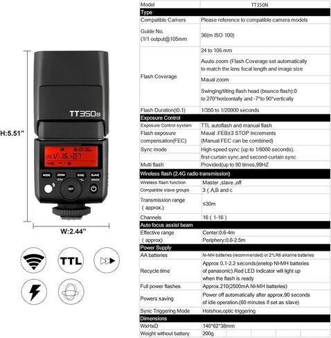 GODOX TT350N Flash for Nikon Camera, 2.4G Wireless Nikon Flash 1/8000s HSS Speedlight, GN36 Mini TTL Flash Speedlite Compatible for Nikon Camera in Saudi Arabia
